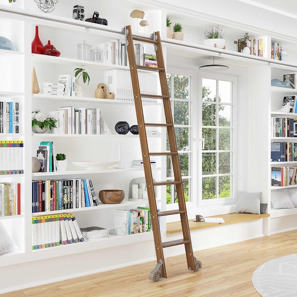 Quiet Glide 8.06 ft. Walnut Sunburst Wheel Satin Nickel Rolling Hook Removable Ladder, 12 ft. Rail QG.510-8WA-12-H.02 - main