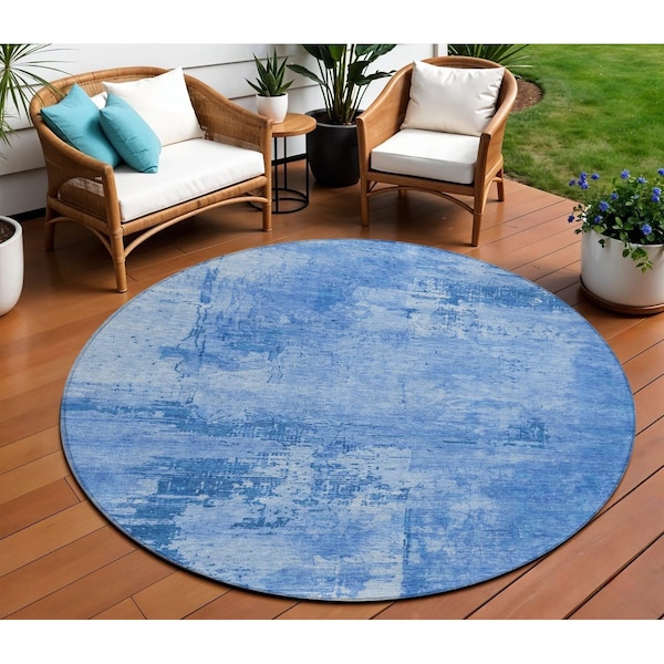 Homeroots 8' Navy Blue And Ivory Round Abstract Washable Indoor Outdoor Area Rug 602727 - main