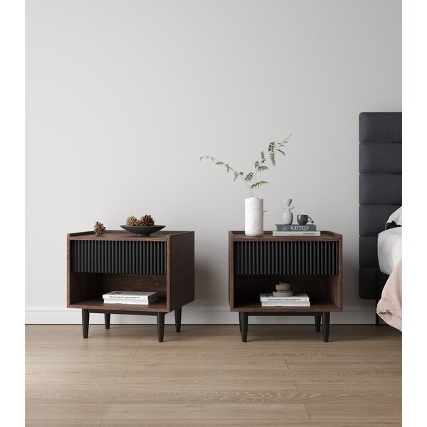 Manhattan Comfort Duane Modern Ribbed Nightstand with Full Extension Drawer in Dark Brown and Black, 2PK 2-NS-10GLF-BK - main