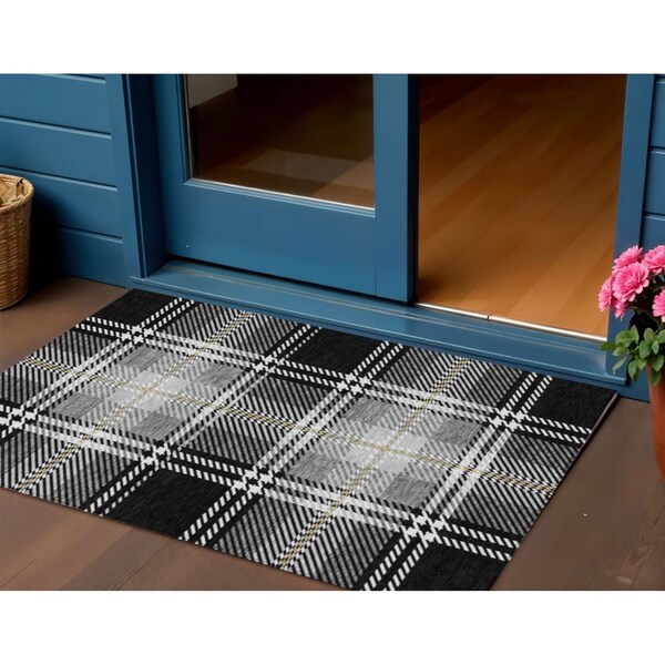 Homeroots 3' X 5' Black Gold And Gray Plaid Washable Indoor Outdoor Area Rug 596309 - main