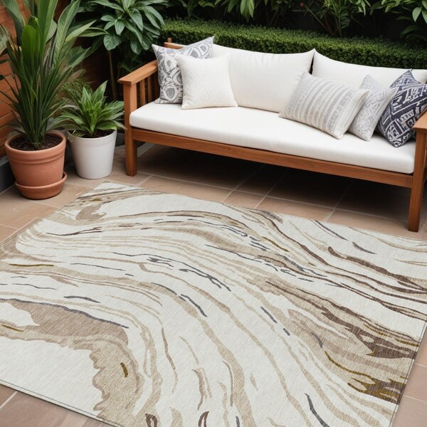 Homeroots 9' X 12' Ivory Beige And Brown Abstract Washable Indoor Outdoor Area Rug 600238 - main