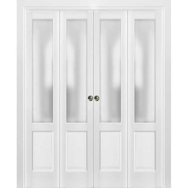 Sartodoors Sliding Closet Double Bi-fold Doors, Lucia 22 White Silk with Frosted Glass, Sturdy Tracks Molding LUCIA1422DBF-BEM-96 x 84 (4* 24x84) - main