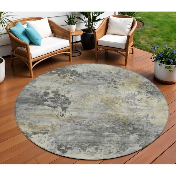 Homeroots 8' Pewter Charcoal And Gold Round Abstract Washable Indoor Outdoor Area Rug 630881 - main