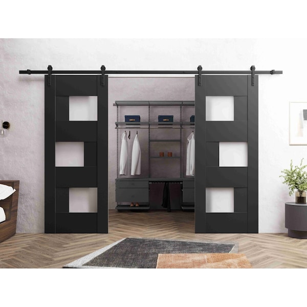 Vdomdoors Sturdy Dbl Barn Door 36 x 96in, Sete 6933 Matte Black W/ Frosted Glass, 13FT Rail Hangers Heavy Set SETE6933DB-BLK-3696 - main