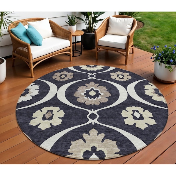 Homeroots 8' Black Ivory And Taupe Round Medallion Washable Indoor Outdoor Area Rug 589592 - main
