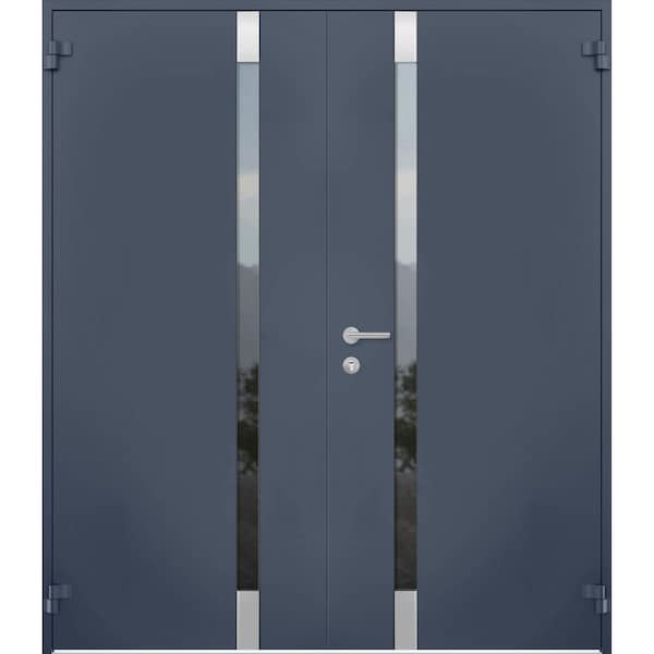 Vdomdoors Steel Double Doors Cynex 6777 Grey Stainless Inserts Single Modern Painted-W72xH80-Left-hand Outswi CYNEX6777DEXD-GRE-LH-O-W72 x H80 - main