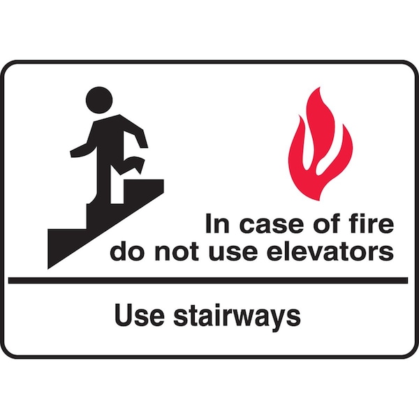 Accuform Exit Sign, Vinyl, 10 in W, 7 in H, In Case of Fire Do Not Use Elevators Use Stairways, White MEXT452VS - main