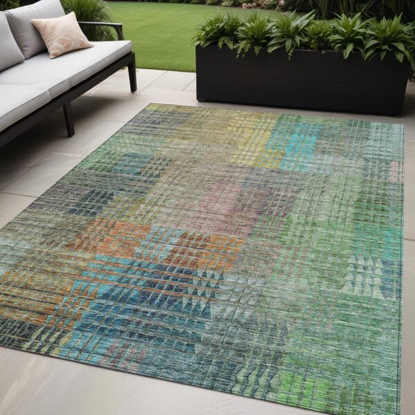 Homeroots 5' X 8' Green Gold And Teal Blue Abstract Washable Indoor Outdoor Area Rug 588427 - main