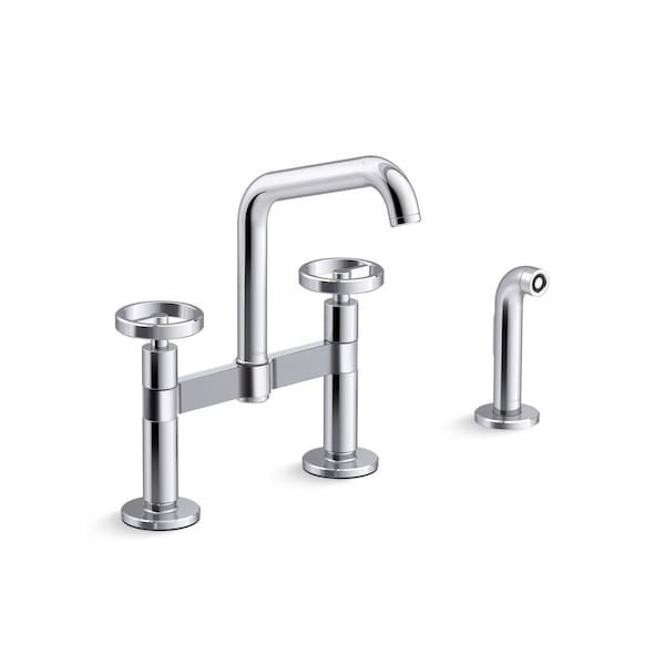 Kohler Billet Two-hole bridge kitchen sink faucet with side sprayer 28665-9-CP - main