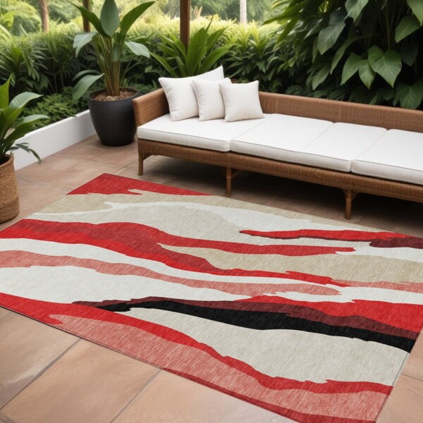 Homeroots 8' X 10' Red Black And Beige Abstract Washable Indoor Outdoor Area Rug 600999 - main