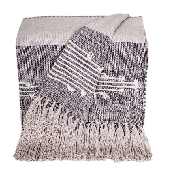 Homeroots 50" X 60" Gray Woven Cotton Striped Throw Blanket with Tassels and Embroidery 548935 - main