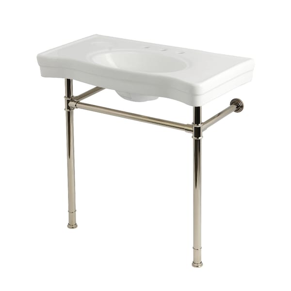 Kingston Brass 36" Ceramic Console Sink with Stainless Steel Legs, 8-Inch, 3-Hole, White/Polished Nickel KVPB36198W386 - main