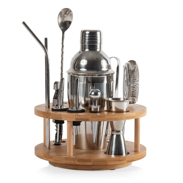 Picnic Time Family Of Brands Lazy Susan Bar Tool Set Bamboo & Stainless Steel, Bamboo with Silver Accents 673-01-505-000-0 - main