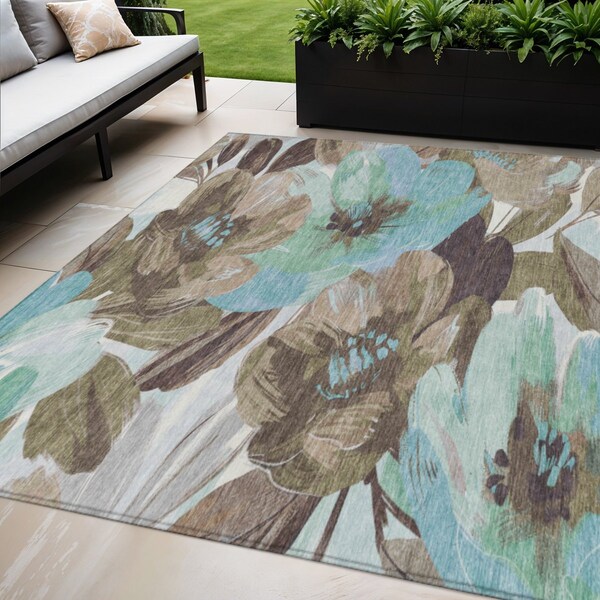 Homeroots 5' X 8' Khaki And Taupe Floral Washable Indoor Outdoor Area Rug 611005 - main
