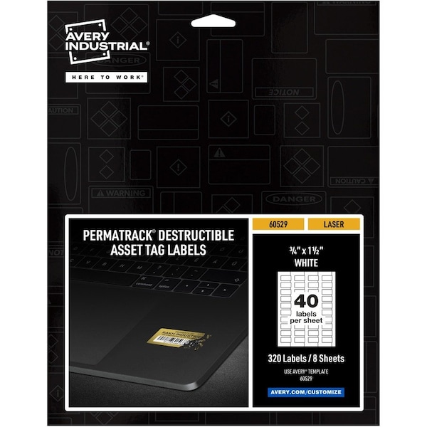 Avery Destructible Asset Tag Labels, 3/4, PK320, Film, 3/4 in W, White, Rectangle, 320 PK 60529 - main