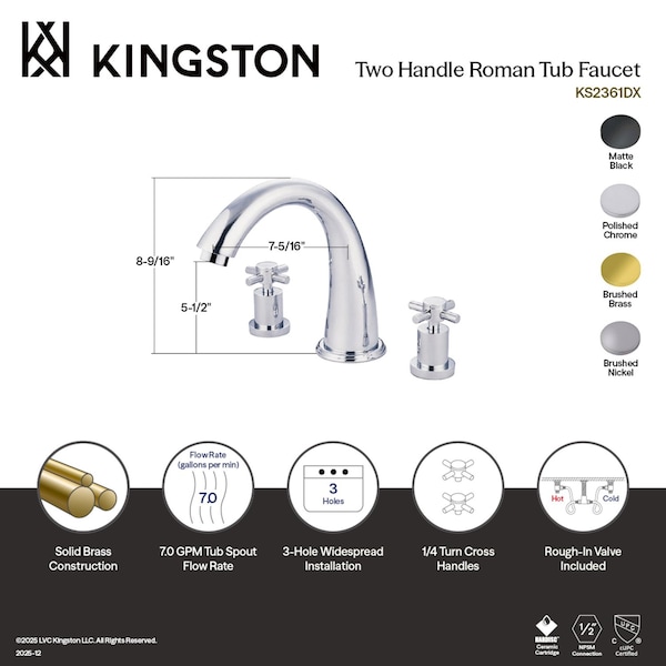 Kingston Brass Two-Handle Deck Mount Roman Tub Faucet, Matte Black KS2360DX - main