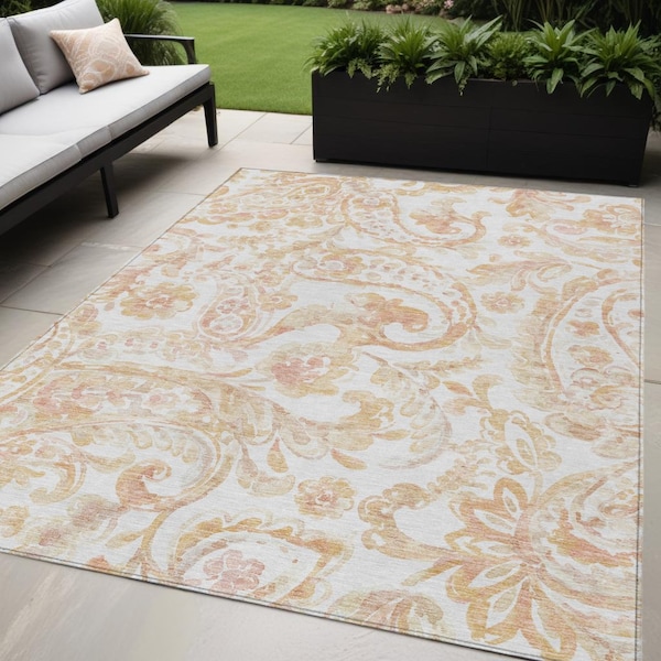Homeroots 5' X 8' Coral Ivory And Peach Paisley Washable Indoor Outdoor Area Rug 588643 - main