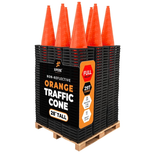 Xpose Safety Traffic Safety Cone, 28 in, PVC Plastic, No Collar, DOT Approved, Orange, Full Pallet, PK297 OTC28-FP297-X - main