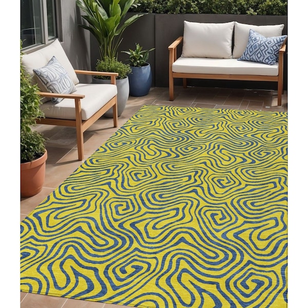 Homeroots 5' X 8' Yellow And Blue Abstract Washable Indoor Outdoor Area Rug 599845 - main
