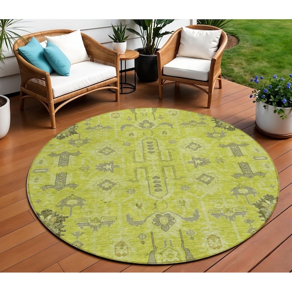 Homeroots 8' Artichoke Green And Fern Green Round Oriental Washable Indoor Outdoor Area Rug 582052 - main