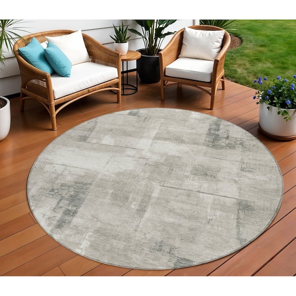 Homeroots 8' Beige And Gray Round Geometric Washable Indoor Outdoor Area Rug 618585 - main