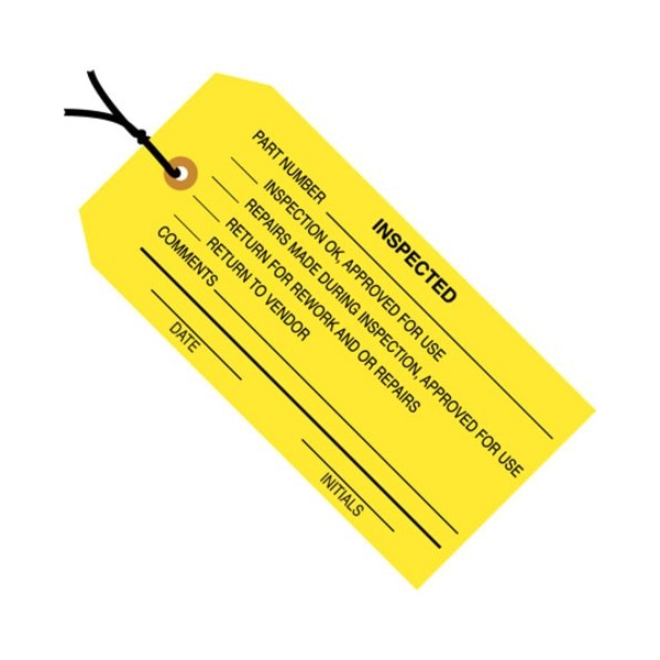 Partners Brand TagStrungInspected, 4-3/4"x2-3/8", PK1000, 13 Point Cardstock, 4 3/4" W, Yellow, 1000 PK G20062 - main