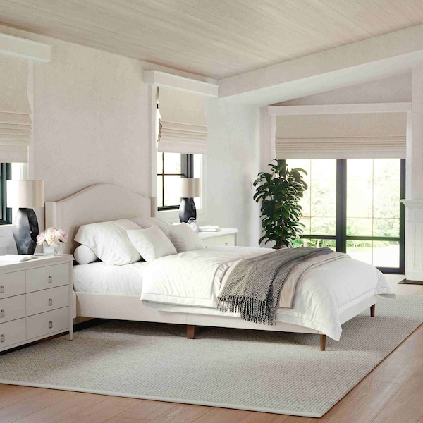 Martha Stewart Amelia Queen Upholstered Platform Bed w/Curved Headboard and Cushioned Siderails, Wood Slat, Beige TW-3WDB02B-Q-BG-MS - main