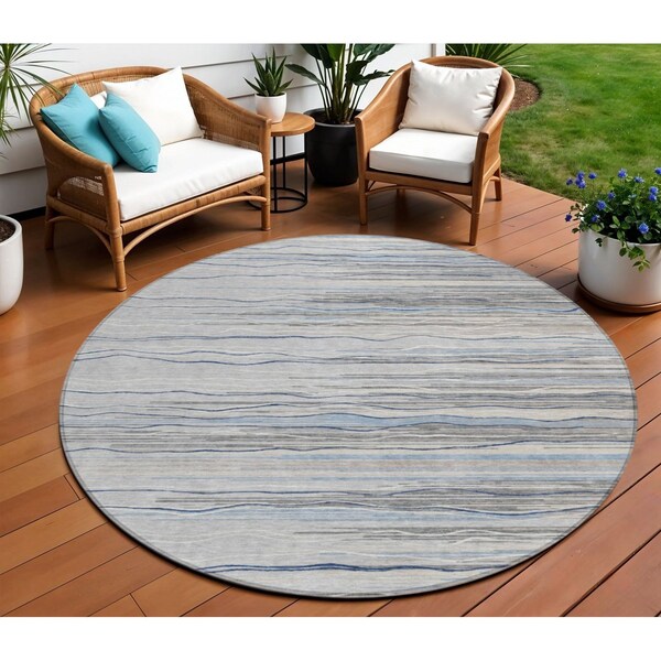 Homeroots 8' Gray Silver And Blue Round Striped Washable Indoor Outdoor Area Rug 597249 - main