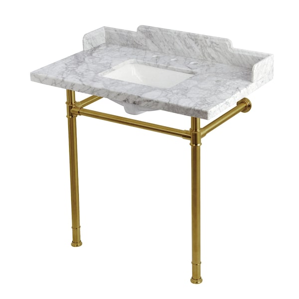 Kingston Brass 36-Inch Carrara Marble Console Sink with Stainless Steel Legs, 8-Inch, 3-Hole KMS36227M38SQ7 - main