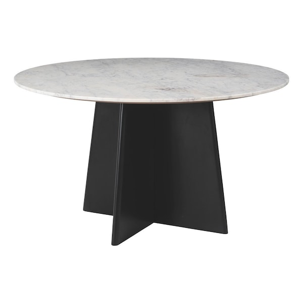Homeroots 51" White and Black Marble and Wood Pedestal Base Round Top Dining Table 623351 - main