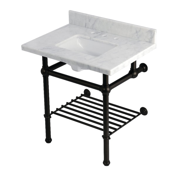 Kingston Brass 30-Inch Carrara Marble Console Sink with Brass Legs and Shelf, 8-Inch, 3-Hole KVPB3030MBSQB5 - main