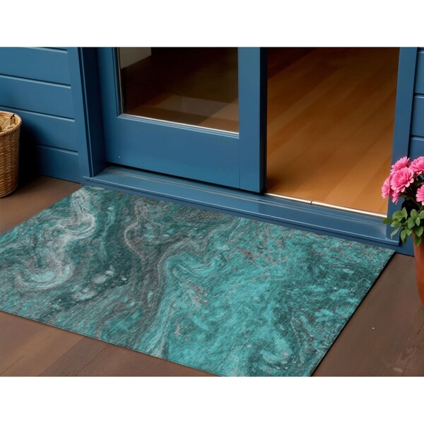 Homeroots 3' X 5' Teal Blue Aqua And Gray Abstract Washable Indoor Outdoor Area Rug 577841 - main