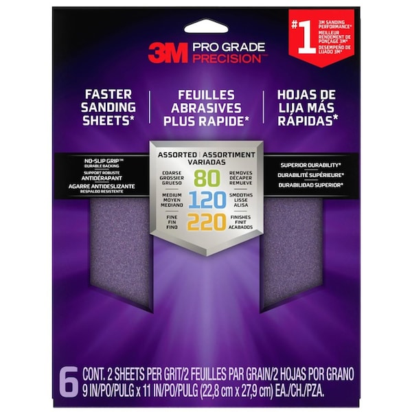 3M 9in x 11in 3M SHRASST-PGP-6T Pro Grade Precision Faster Sanding, Sanding Sheets, Assorted Grits, GFAS250022-5 - main