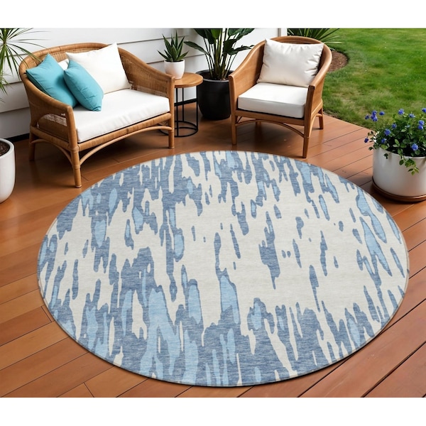 Homeroots 8' Denim Blue And Ivory Round Abstract Washable Indoor Outdoor Area Rug 612649 - main