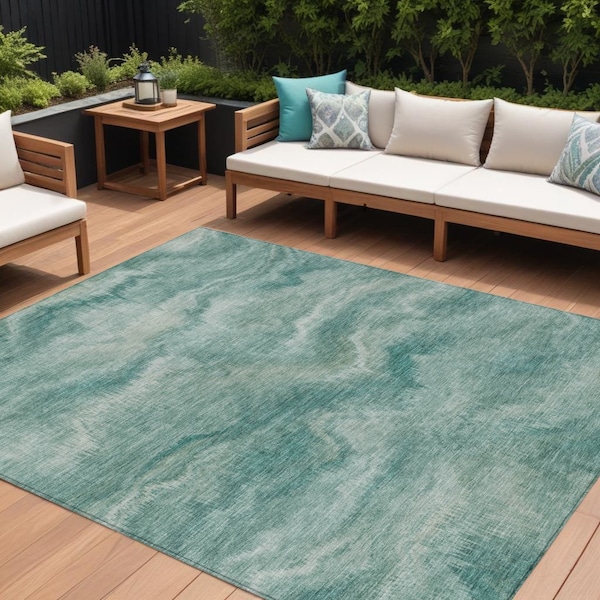 Homeroots 9' X 12' Teal Blue And Ivory Abstract Washable Indoor Outdoor Area Rug 631321 - main