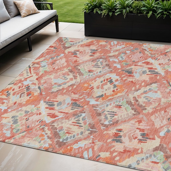 Homeroots 5' X 8' Coral And Orange Geometric Washable Indoor Outdoor Area Rug 609131 - main