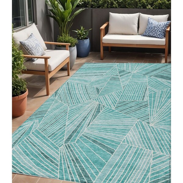 Homeroots 5' X 8' Teal Blue And Ivory Geometric Washable Indoor Outdoor Area Rug 594810 - main