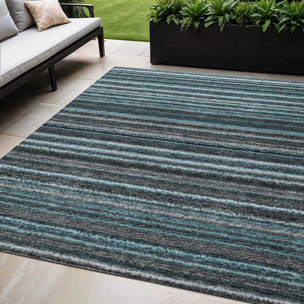 Homeroots 5' X 8' Teal Blue Sky Blue And Gray Striped Washable Indoor Outdoor Area Rug 577812 - main