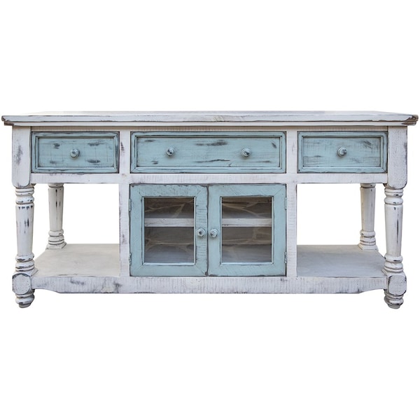 Homeroots 70" Blue and White Solid Wood Open shelving Distressed TV Stand 528735 - main