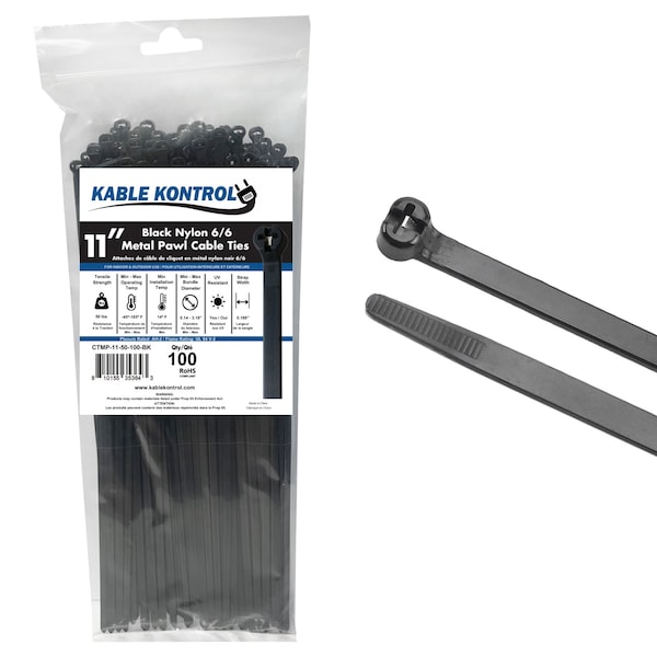 Kable Kontrol Metal Pawl Cable Ties, 11 in L, 3.18 in Max Bundle Dia., Black, Nylon 6-6 + Stainless Steel, 100 PK ctmp-11-50-100-bk - main