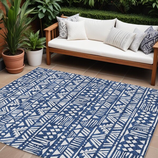 Homeroots 8' X 10' Navy Blue And Ivory Southwestern Washable Indoor Outdoor Area Rug 594181 - main
