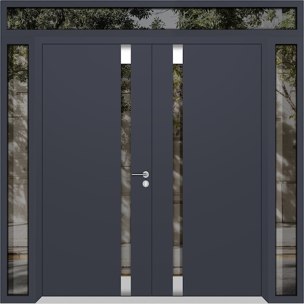 Vdomdoors Aluminum Double Doors Cynex 6777 Grey 2 Sidelights and Top Transom Mirrored Clear Glass Modern Pain CYNEX6777DEXD-GRE-W14+72+14xH80+14-RH-O - main