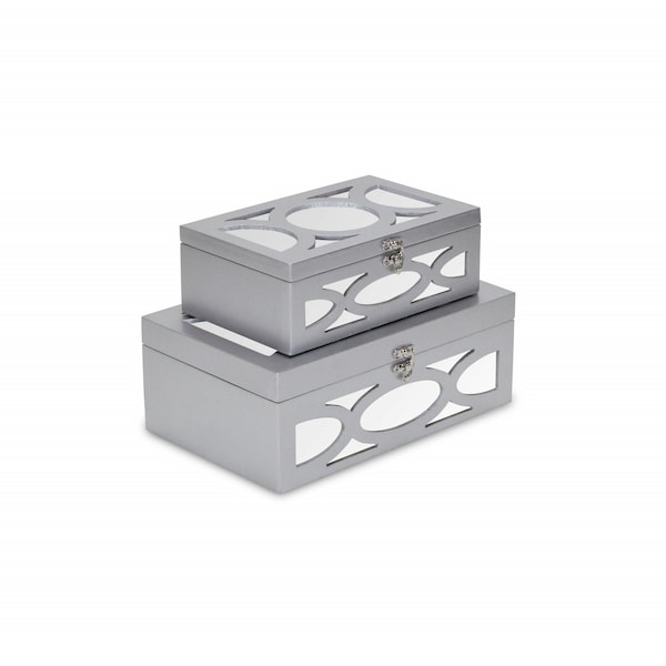 Homeroots Set of Two Silver Mirrored Glass And Wood Box With Lid, 2PK 399675 - main
