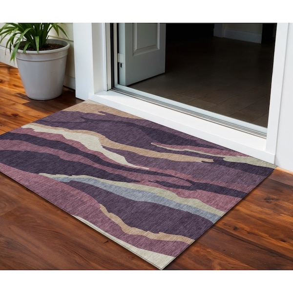 Homeroots 3' X 5' Plum Purple And Ivory Abstract Washable Indoor Outdoor Area Rug 600984 - main