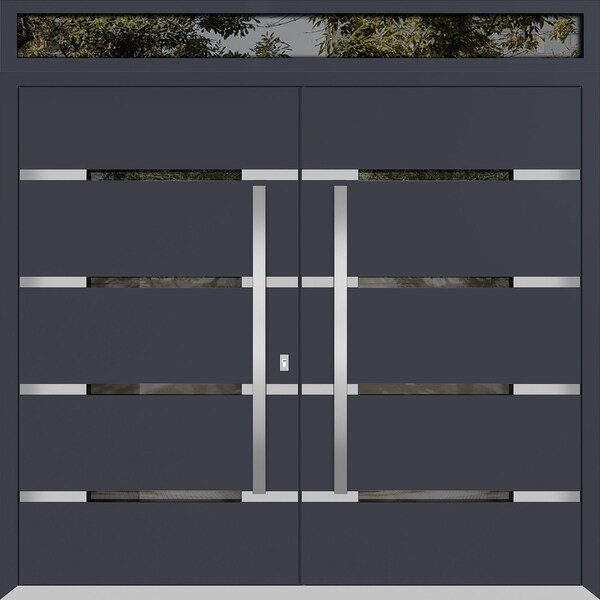 Vdomdoors Metal Double Doors Deux 1105 Gray Graphite Mirrored Glass Top Transom Entry Modern Painted (W72xH96 DEUX1105DEXD-GRE-W72xH96+14-RH-O - main