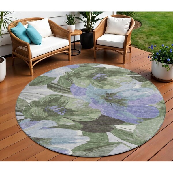 Homeroots 8' Olive Green And Fern Green Round Floral Washable Indoor Outdoor Area Rug 611080 - main