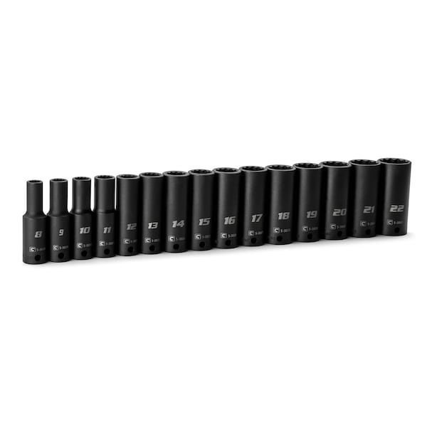Capri Tools 3/8 in. Drive Deep Impact Socket Set, 12-Point, Metric, 8 to 22 mm, 15-Piece CP53800-15MD - main