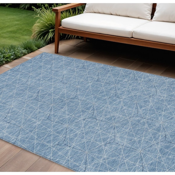 Homeroots 9' X 12' Denim Blue Black And Ivory Geometric Washable Indoor Outdoor Area Rug 596726 - main