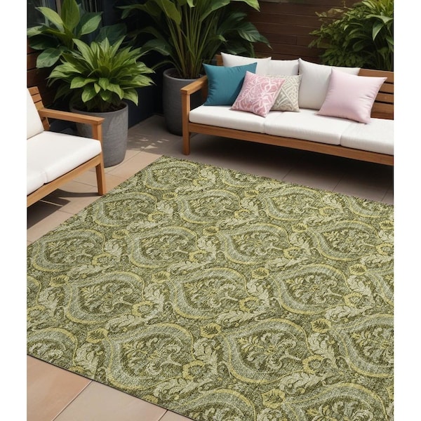 Homeroots 10' X 14' Green Damask Washable Non Skid Indoor Outdoor Area Rug 563888 - main