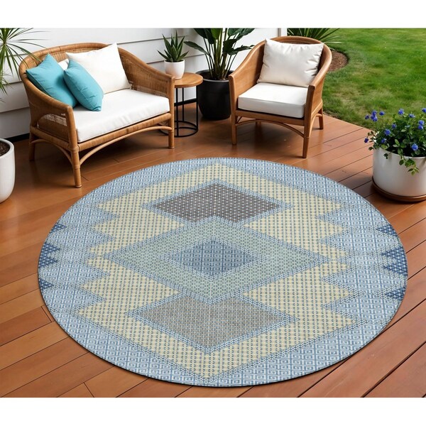 Homeroots 8' Denim Blue Gray And Brown Round Geometric Washable Indoor Outdoor Area Rug 631905 - main
